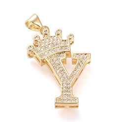 Letter Y Латунные микро проложить кубического циркония подвески, долговечный, со сменными под залог, letter.y с короной, реальный 18 k позолоченный, прозрачные, letter.y, Y: 27.5x19x4 мм, отверстие : 3x4 мм