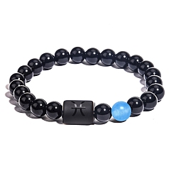 Pisces Natural Black Agate(Dyed & Heated) Stretch Bracelets, Constellations Theme Bracelet, Pisces, Inner Diameter: 2-3/8 inch(6cm)