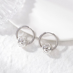 Нержавеющая Сталь Цвет Серьги из 304 нержавеющей стали, с полыми круглыми латунными бусинами, цвет нержавеющей стали, 23.5x20x11 мм