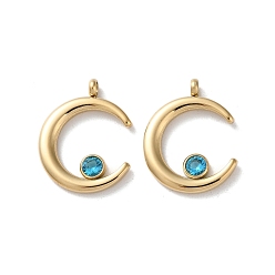 Индиколит 304 подвески из нержавеющей стали, со стразами, реальный 14 k позолоченный, двойной рог / подвеска в виде полумесяца, Indicolite, 18x14x2 мм, отверстие : 1.8 мм
