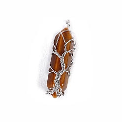 Tiger Eye Natural Tiger Eye Big Pendants, Platinum Tone Copper Wire Wrapped Bullet, Double Terminated Point Charms, 50x10x10mm