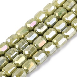 Dark Khaki Anti-Tarnish Electroplate Glass Beads Strands, Column, Imitation Gemstone, Dyed, Faceted, Dark Khaki, 8.5~9x7.5~8.5mm, Hole: 1~1.2mm, about 39~40pcs/strand, 13.78~14.17 inch(35~36cm)