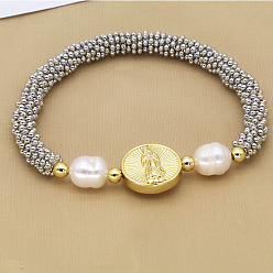 (52) Непрозрачная лаванда 304 Женские браслеты из круглых бусин из нержавеющей стали, плоские круглые с Девой Марией, с латунью и пресноводным жемчугом, разноцветные, 6-3/4 дюйм (17 см)