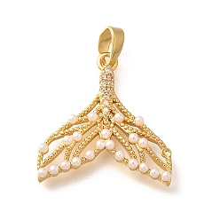 Настоящее золото 18K Подвески из латуни с микропаве из циркония, прелести рыбий хвост, с ABS имитации жемчуга, стойки покрытие, без свинца и без кадмия, реальный 18 k позолоченный, 20.5x20.5x3.5 мм, отверстие : 5x2.5 мм