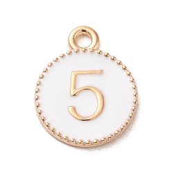 Белый Подвески из эмали и сплава, золотой свет, плоский круглый с подвеской в виде цифры 5, белые, 19x15x2 мм, отверстие : 2.2 мм