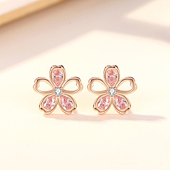 Light Gold Цветок сакуры 925 серьги-гвоздики из стерлингового серебра с кубическим цирконием, золотой свет, 10.3x10.3 мм