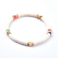 PapayaWhip Handmade Polymer Clay Heishi Bead Stretch Bracelets, with Heart Brass Beads and Alloy Spacer Beads, PapayaWhip, 2-1/8 inch(5.3cm)
