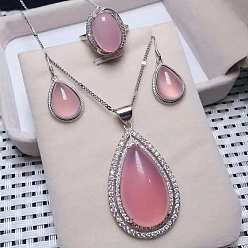 Pink 925 ожерелья, серьги и кольца из стерлингового серебра с микропаве из прозрачных кубических цирконий и натуральным халцедоном, платина, слеза, розовые, 400 мм