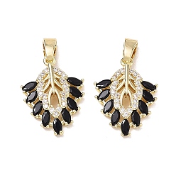 Black Brass Micro Pave Cubic Zirconia Pendants, Leaf Charms, Golden, Black, 20x15x4mm, Hole: 3x5.5mm