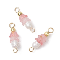 Pink Подвески-шармы из искусственного пресноводного жемчуга и акрила с матовым цветком, с латунными двойными петлями, золотые, розовые, 19.5x6 мм, отверстия : 2 mm и 1.5 мм