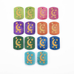 Mixed Color Natural Map Stone/Picasso Stone/Picasso Jasper Pendants, Dyed, Rectangle with Gold Painted Moon and Star, Mixed Color, 25x17.5~18.5x2.5mm, Hole: 1.5mm