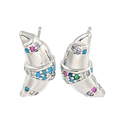 Platinum Rack Plating Brass Micro Pave Cubic Zirconia Stud Earring, Cadmium Free & Lead Free, Long-Lasting Plated, Moon with Streak, Colorful, Platinum, 18x9mm