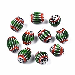 Lime Green Handmade Millefiori Lampwork Beads, Barrel, Lime Green, 13~15x11~12mm, Hole: 1.5~3.5mm