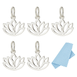 Серебро 5шт. 925 подвески из стерлингового серебра, цветок лотоса, с прыгающими кольцами и 925 штампом, с замшевой тканью из поликарбоната квадратной серебряной полировальной салфеткой, серебряные, 1 мм, отверстие : 10x11x1 мм