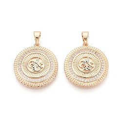 Настоящее золото 18K Подвески из латуни с прозрачным фианитом, плоские круглые прелести, реальный 18 k позолоченный, 26x23x4 мм, отверстие : 6x4 мм