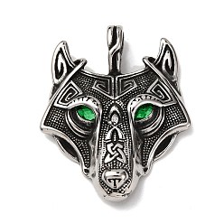 Зеленый 304 подвески из нержавеющей стали, со стразами в глазах, волк, зелёные, 49x39x7 мм, отверстие : 5.5 мм