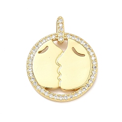 Настоящее золото 18K Латунные микро проложить кубического циркония подвески, круглые амулеты с поцелуями влюбленных, стойки покрытие, долговечный, без свинца и без кадмия, реальный 18 k позолоченный, 25x20x2 мм, отверстие : 3.3x2 мм