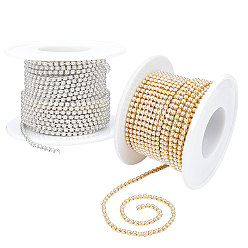 Golden & Silver 2 Rolls 2 Colors Brass Claw Chains, with ABS Plastic Imitation Pearl Beads, with Spool, Golden & Silver, SS6.5, 2~2.1mm, about 10yards/roll(9.14m/roll), 1roll/color