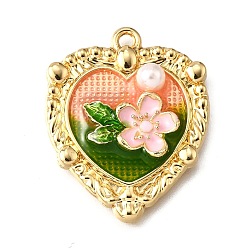 Легкий Лосось Подвески из эмали и сплава, с ABS имитации жемчуга, Сердце со цветками , стойки покрытие, долговечный, без свинца, без кадмии и без никеля, золотые, светлый померанцевый, 28x22.5x5.5 мм, отверстие : 1.6 мм