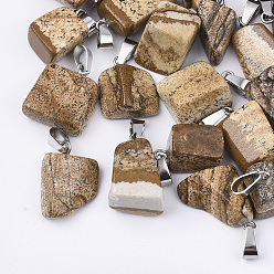 Picture Jasper Natural Picture Jasper Pendants, with Stainless Steel Snap On Bails, Nuggets, 15~35x10~20x5~15mm, Hole: 3x7.5mm