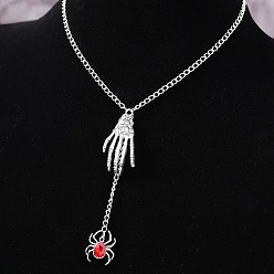 Skeleton Ожерелья с подвесками из цинкового сплава и железа с рубиновыми стразами на Хэллоуин, платина, рука скелета с пауком, 18.11 дюйм (46 см), кулон: 43x21мм и 8мм длинный и 22x10мм