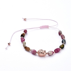 Tourmaline Adjustable Nylon Thread Braided Bead Bracelets, with Natural Tourmaline Beads and Brass Beads, Buddha Head, Inner Diameter: 1-3/4 inch~3-3/4 inch(4.5~9.5cm)