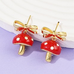 Настоящее золото 18K Серьги-гвоздики с подвесками из латунной эмали в виде гриба с бантом, стойки покрытие, прочное покрытие, без кадмия и без свинца, реальный 18 k позолоченный, 23.5x16.5 мм