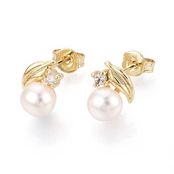 Настоящее золото 18K Серьги-гвоздики из латуни с микропаве из прозрачных кубических цирконий, с натуральной жемчужиной, реальный 18 k позолоченный, 9.5~10x7.5~8 мм