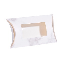 White Paper Pillow Boxes, Gift Candy Packing Box, with Clear Window, Marble Texture Pattern, White, 17.5x10.05x3.85cm