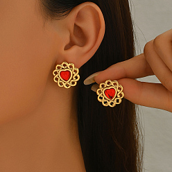 Красный Серьги-гвоздики в форме цветка из нержавеющей стали с сердцем, золотые, красные, 21x21 мм