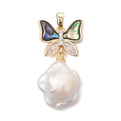 Золотой Натуральный жемчуг кейши с подвесками из раковины пауа, Подвески в виде цветка сливовой кроны с латунной инкрустацией из прозрачных кубических цирконий в виде бабочки., белые, золотые, 33.5x16.5x8 мм, отверстие : 5.5x2.5 мм