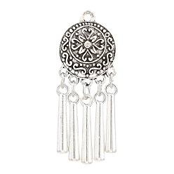 Antique Silver Tibetan Style Alloy Big Pendants, Round with Ethnic Flower & Tassel Charms, Antique Silver, 56x21x4mm, Hole: 2.6mm
