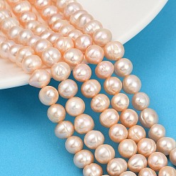 Pink Нити из натурального культивированного пресноводного жемчуга, картофель, класс 2а+, розовые, 7~8 мм, отверстие : 0.7 мм, около 54~55 шт / нитка, 14.09~14.37 дюйм (35.8~36.5 см)