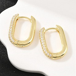 Настоящее золото 18K Прямоугольные серьги-кольца из латуни с микропаве из прозрачных кубических цирконий, реальный 18 k позолоченный, 21.5x15.5x4 мм