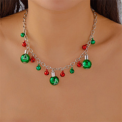 Christmas Bell Рождественское ожерелье-нагрудник из сплава со стразами, эмалью и пластиком., зеленый и красный, платина, Рождественский колокольчик, 14.96 дюйм (38 см), Кулон : 20 мм