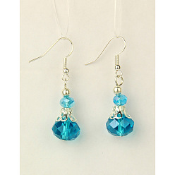 Deep Sky Blue Dangle Glass Earrings, with Brass Earring Hooks, Deep Sky Blue, 43mm