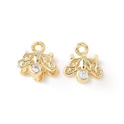 Настоящее золото 18K Латунные зажимные скобы для ледоруба с прозрачными фианитами, цветок, реальный 18 k позолоченный, 9x9x7 мм, отверстие : 1.2 мм