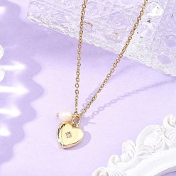 Golden Brass Micro Pave Clear Cubic Zirconia Heart Pendant 304 Stainless Steel Cable Chain Necklaces with Natural Pearl Beads for Women, Golden, 16.06 inch(40.8cm)