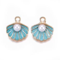 Темно-бирюзовый Цинк подвески эмали сплава, с абс пластмассовой имитационной жемчужиной, оболочка, золотой свет, темные бирюзовый, 15.5x14.5x6 мм, отверстие : 2 мм