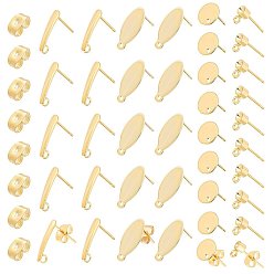 Golden 32Pcs 4 Styles Oval & Flat Round 304 Stainless Steel Stud Earring Findings, with Ear Nuts, Earring Backs, Golden, 15x7x0.8mm, Hole: 1mm, Pin: 0.8mm, 8pcs