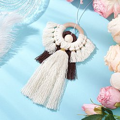 (404) Непрозрачное AB Кислое яблоко Подвеска-ангел из хлопка и макраме ручной работы, с бусинами из натурального необработанного дерева, цветочный белый, 268 мм