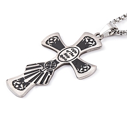 Black Cross 201 Stainless Steel Pendant Necklaces, with Enamel, Box Chains, Black, 23.46 inch(59.6cm)