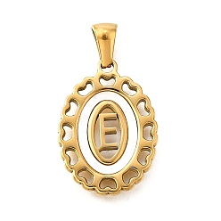 Letter E Золотые подвески 304 из нержавеющей стали, с оболочкой, полый овал с сердцем, Письмо E, 23x16.5x2 мм, отверстие : 5.5x3 мм