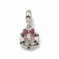 Античное Серебро Европейские подвески из сплава со стразами, Подвески с большими отверстиями, Рождественский венок, античное серебро, 25 мм, отверстие : 4.5 мм, Рождественский венок: 15x11x4мм