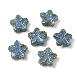 Deep Sky Blue Vintage Handmade Porcelain Beads, Fancy Antique Glazed Porcelain, Flower, Deep Sky Blue, 27.5x29.5x11mm, Hole: 3.5mm
