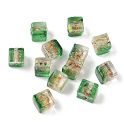 Зеленый Запеченные бусины ручной работы из золотистого песка с росписью, кубические, зелёные, 10~11x10~11x10 мм, отверстие : 1.8 мм