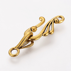 Antique Golden Tibetan Style Hook and Eye Clasps, Antique Golden, Lead Free, Cadmium Free and Nickel Free, Size: Toggle: 12mm wide, 25mm long, Bar: 16mm long, hole: 3mm