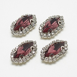 Бургундия Шить на горный хрусталь, многожильных ссылки, стекло горный хрусталь, с латунной фурнитурой , аксессуары для одежды, лошадиный глаз , платина, Бургундия, 23x13x6 мм, отверстие : 1 мм