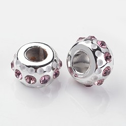 Light Rose Rondelle Platinum Core CCB Plastic Glass Rhinestone Large Hole European Beads, Light Rose, 14x8mm, Hole: 5mm