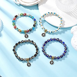 (52) Непрозрачная лаванда 4 шт. 4 цвета плоские круглые с крестом браслеты из сплава с эмалью, Комплекты браслетов ручной работы из бисера и бусин от сглаза для мужчин и женщин, золотой свет, разноцветные, внутренний диаметр: 2-3/8 дюйм (5.9 см), 1 шт / цвет